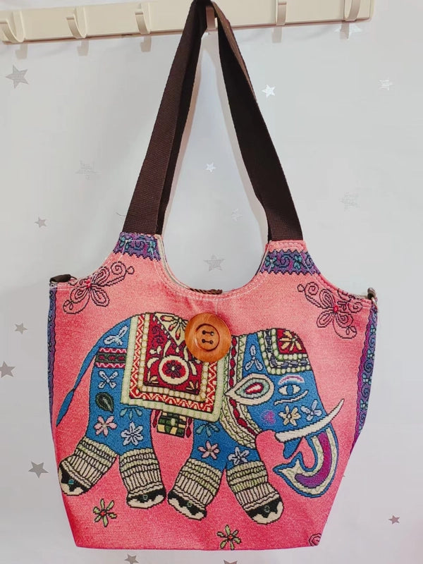 Women's Large Canvas Elephant Ethnic Style Square Zipper Shoulder Bag