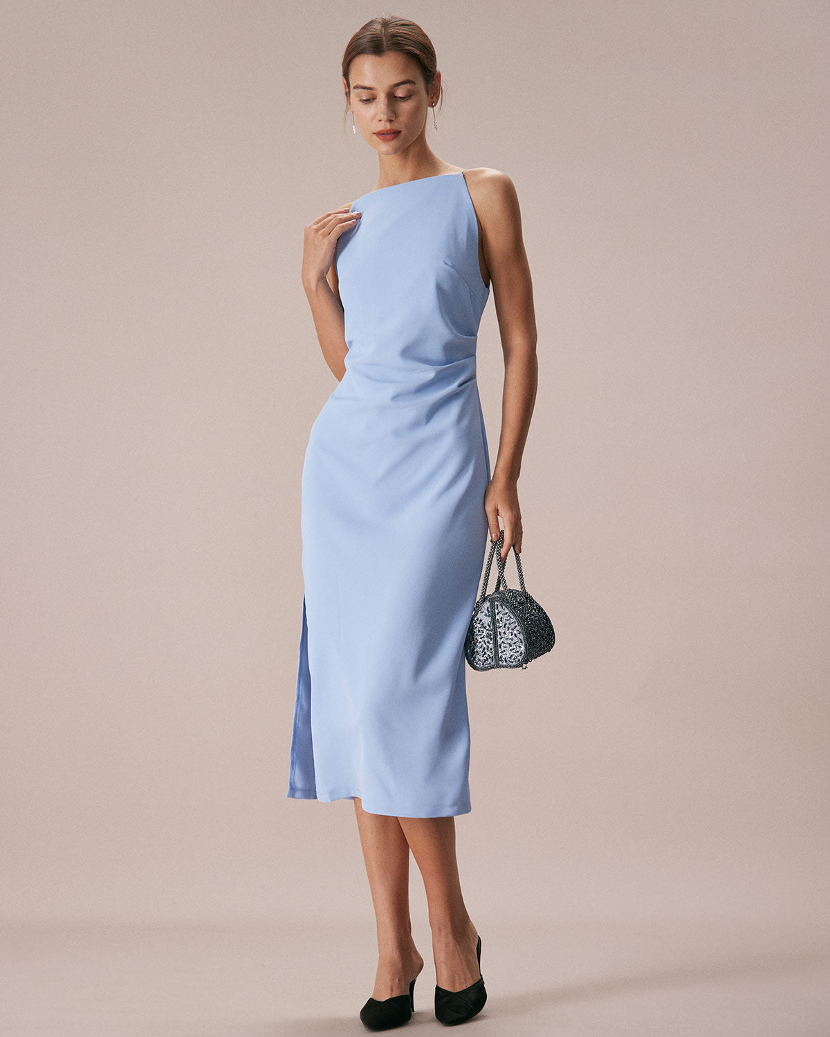 The Blue Boat Neck Bodycon Strap Midi Dress