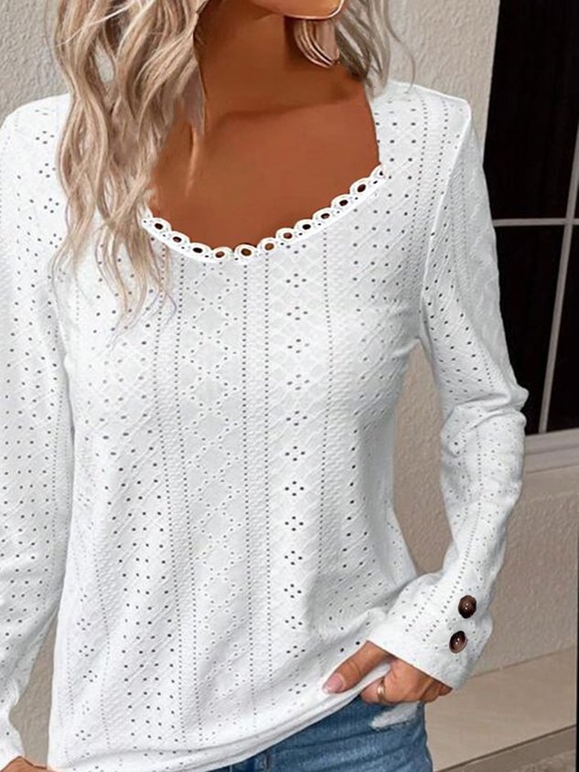 Scoop Neck Long Sleeve Plain Buckle Regular Micro-Elasticity Loose Shirt For Women