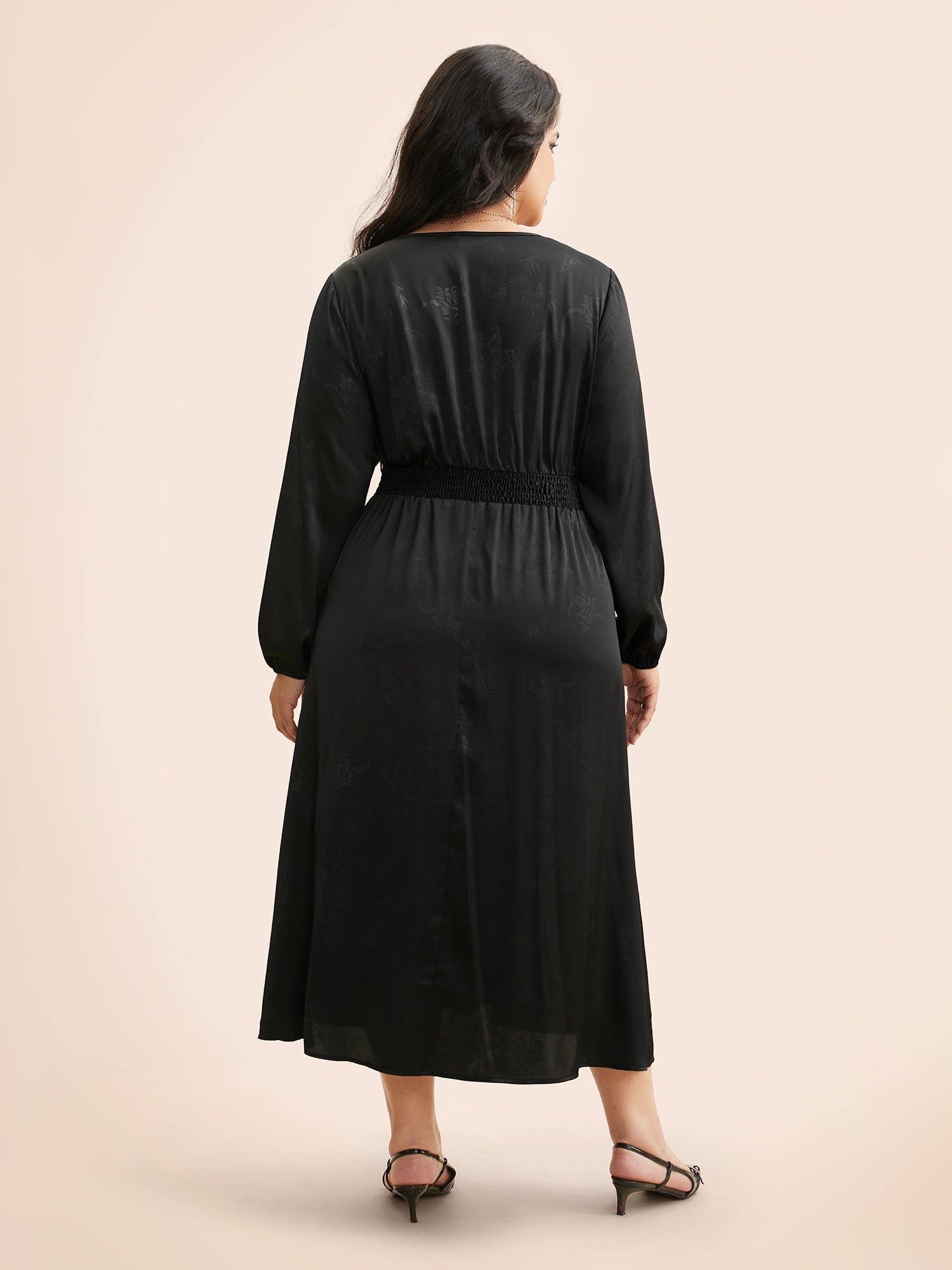 Overlap Collar Textured Shirred Lace Trim Dress