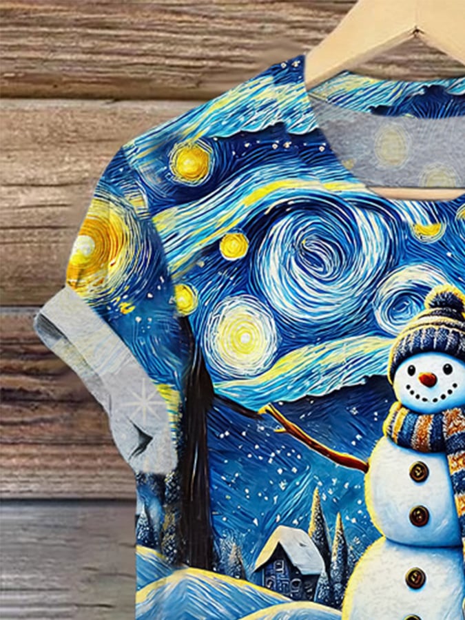 Retro Christmas Starry Night Snowman Let It Snow Print T-Shirt