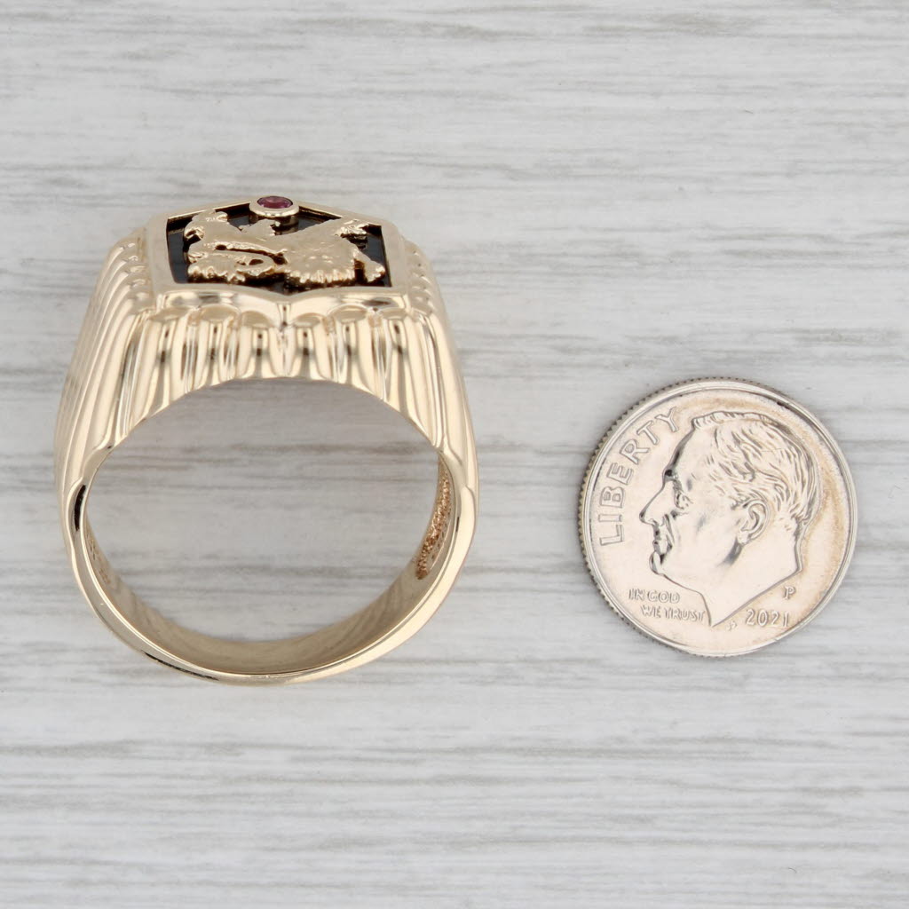 Flli Menegatti Lion Signet Coat of Arms Crest Ring Onyx Ruby 10k Gold Size 13.5
