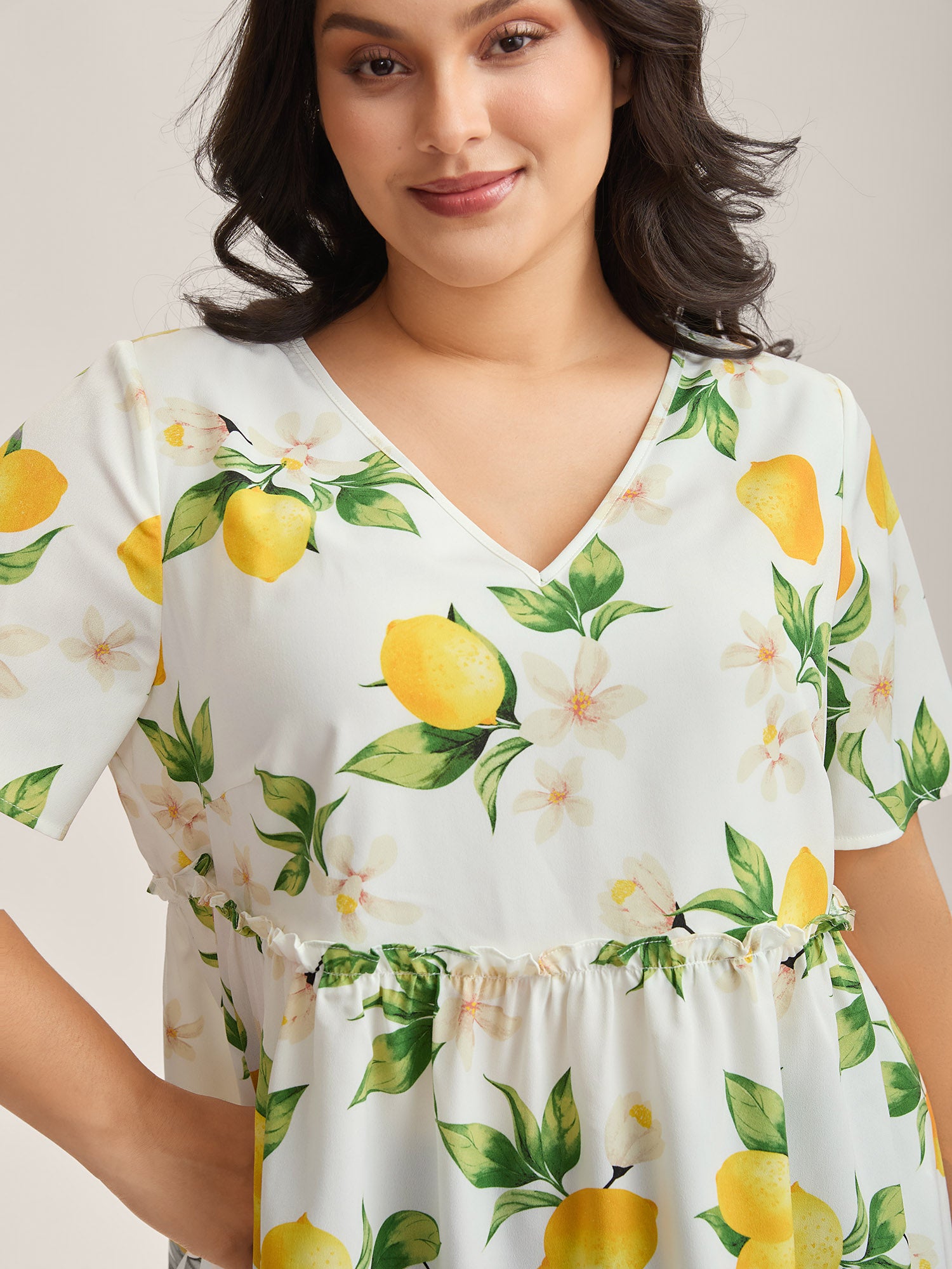 Citrus Print Petal Trim Blouse
