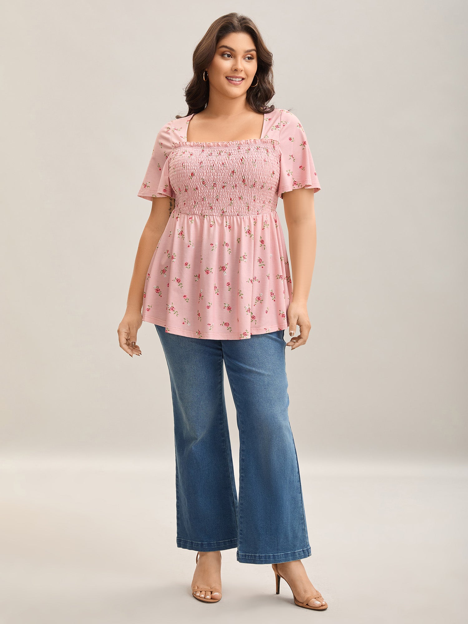 Flirty Floral Print Shirred Knit Top