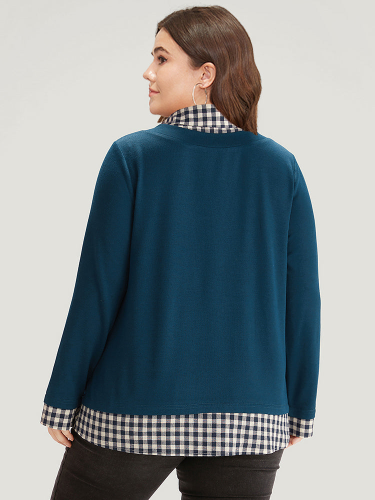 Gingham Patchwork Shirt Collar Arc Hem Sweatshirt