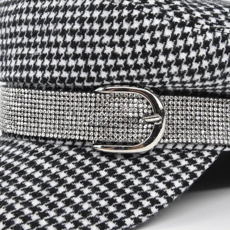 Women's Basic Retro Houndstooth Rhinestone Chain Curved Eaves Military Hat