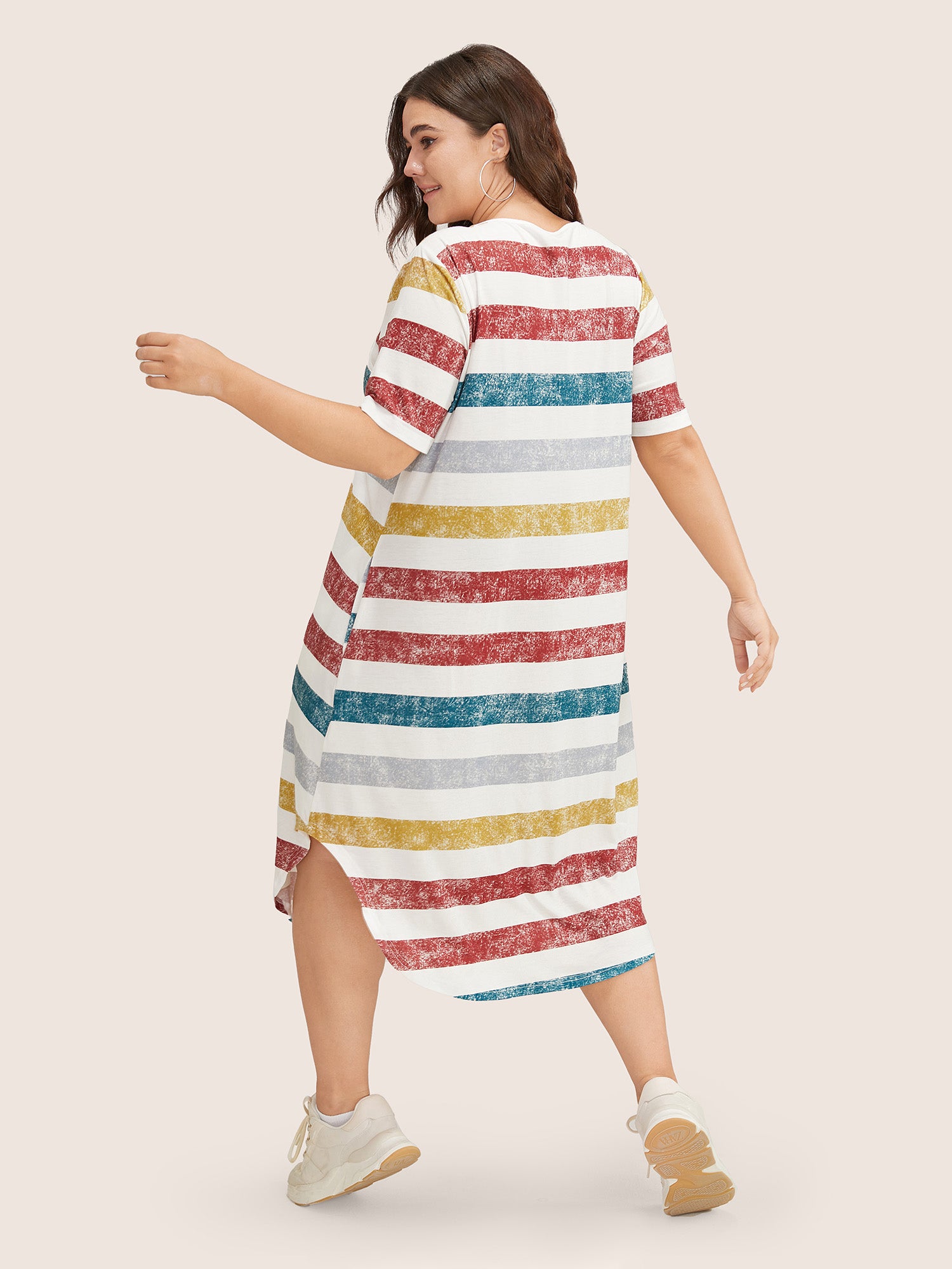 Striped Contrast Arc Hem V Neck Pocket Dress