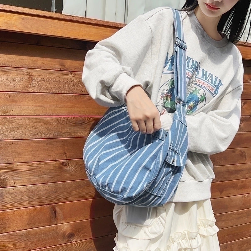 Unisex Denim Stripe Vacation Sewing Thread Square Magnetic Buckle Shoulder Bag
