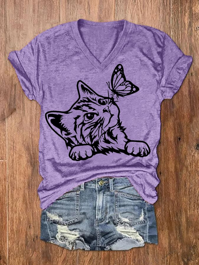 Women's Cute Cat with Butterfly Print V-Neck T-Shirt