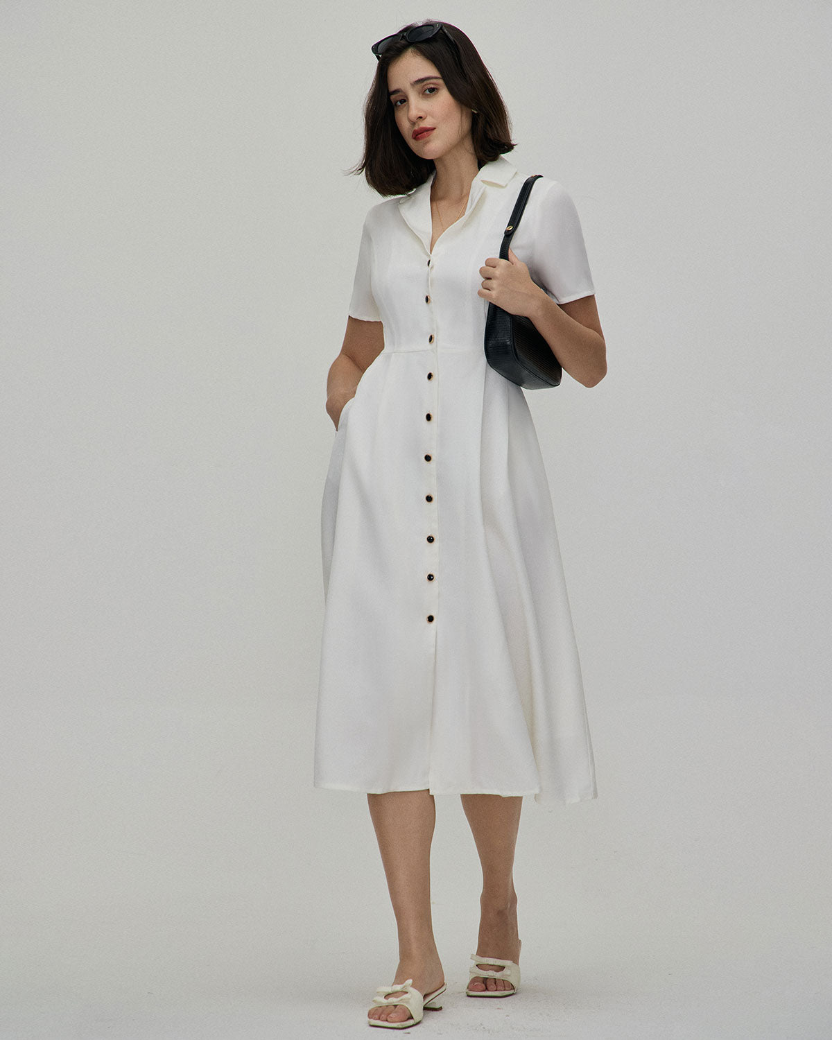 The White Lapel Short Sleeve Button-up Midi Dress