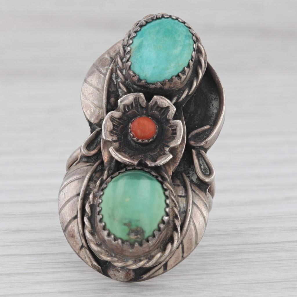 Vintage Native American Turquoise Coral Ring Sterling Silver Sz 8.5 Floral AS IS