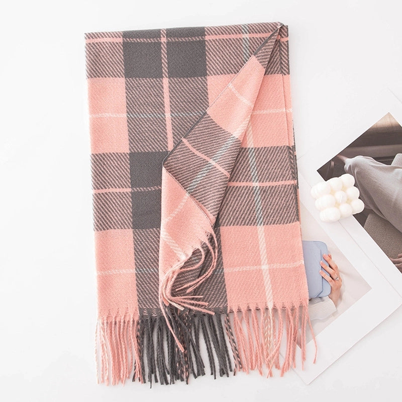 Women's Retro British Style Plaid Imitation Cashmere Tassel Scarf