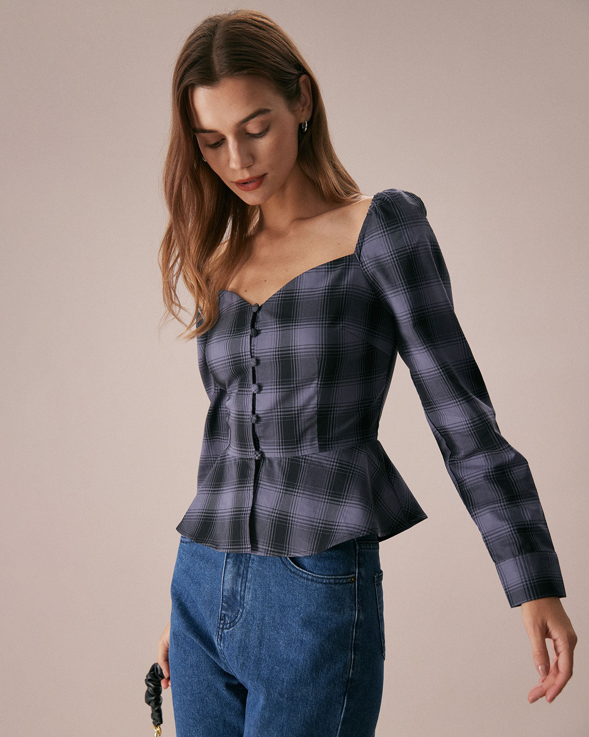 The Dusty Blue Sweetheart Neck Plaid Blouse