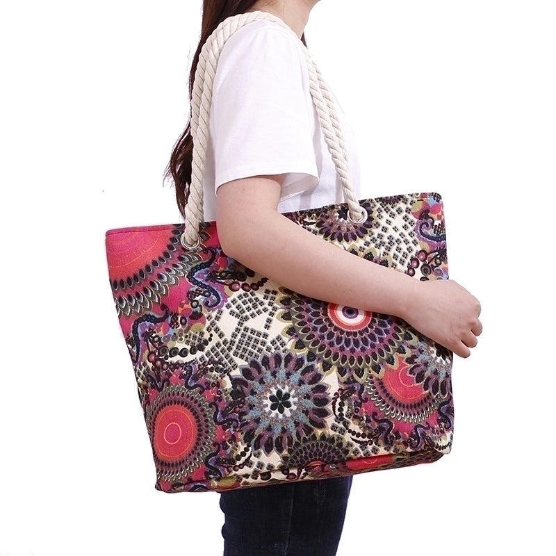 Women's Large Canvas Stripe Vintage Style Open Shoulder Bag