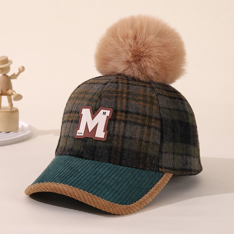 Boy'S Retro Letter Lattice Pom Poms Ivy Cap