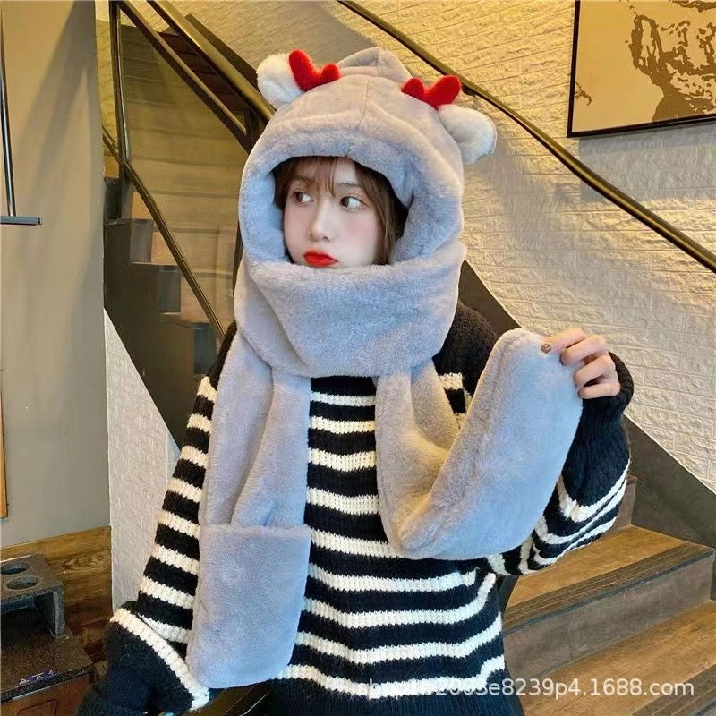 Hat Scarf Gloves Integrated Hat Autumn And Winter  Versatile Warm Toe Cap Winter Cute Plush Double Layer Hat For Women