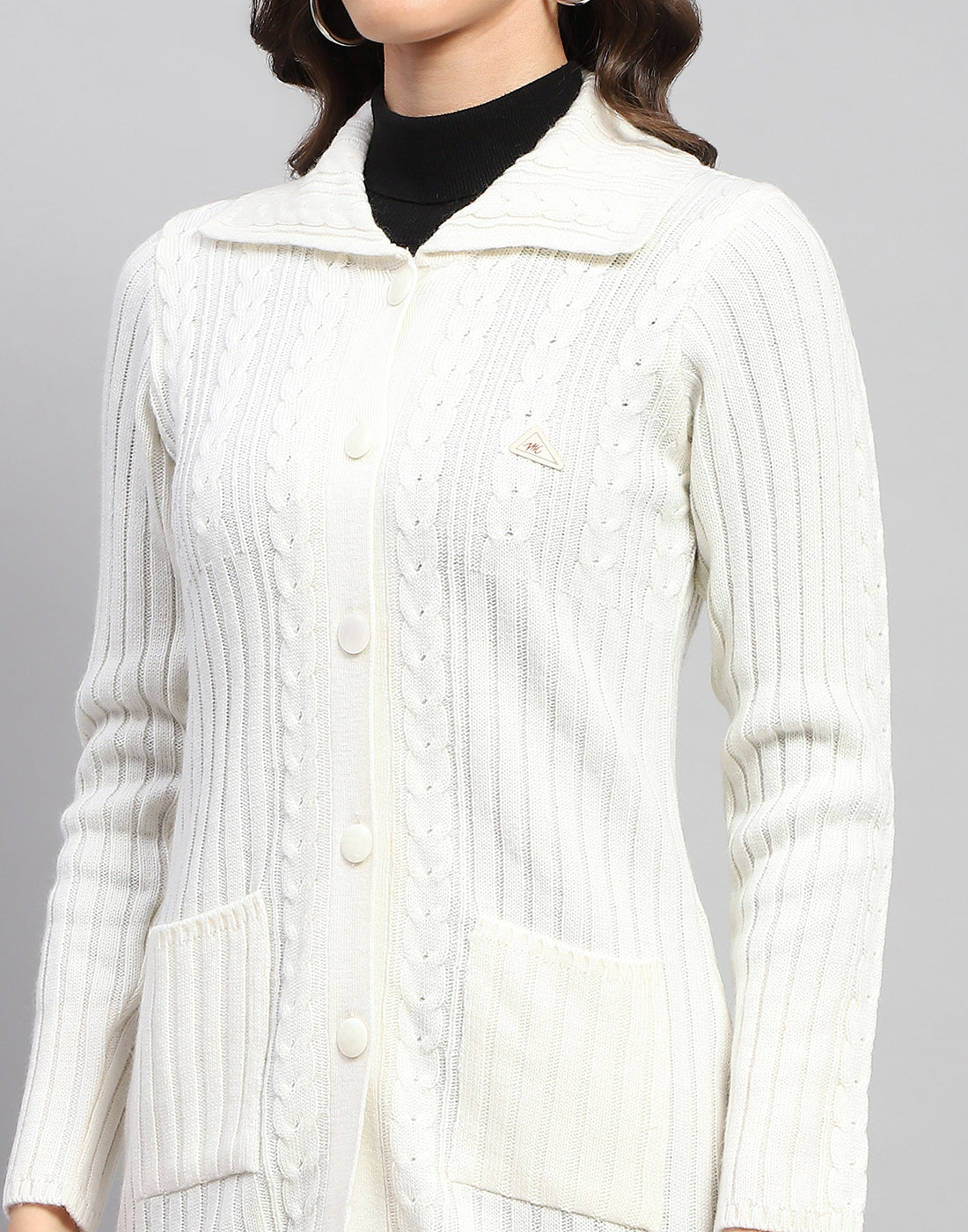 Women White Self Design Collar Full Sleeve Cardigan