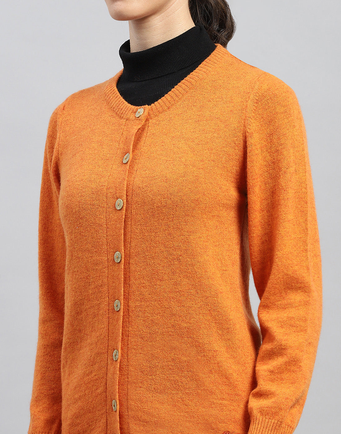 Women Orange Solid Round Neck Full Sleeve Cardigan