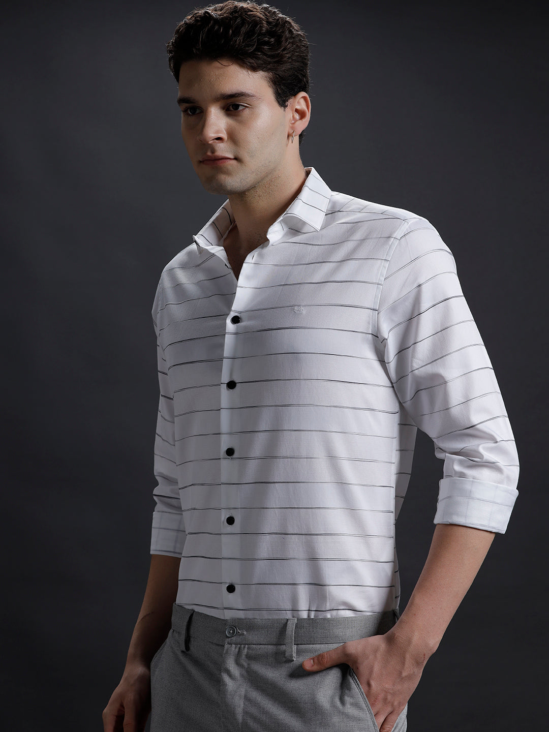 Mens Regular Fit Horizontal White/Black Formal Cotton Shirt (HOLLY)