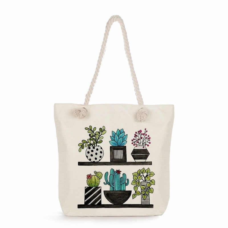 Women's Medium Linen Cactus Vacation Classic Style Square Zipper Tote Bag Beach Bag