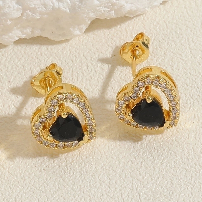1 Pair Minimalist Shiny Heart Shape Plating Inlay Copper Zircon 14k Gold Plated Ear Studs