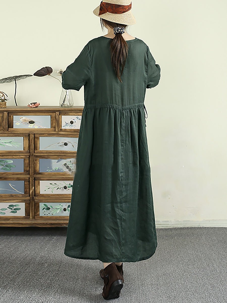 Women Summer Artsy Pure Color V-Neck 100%Ramie Dress