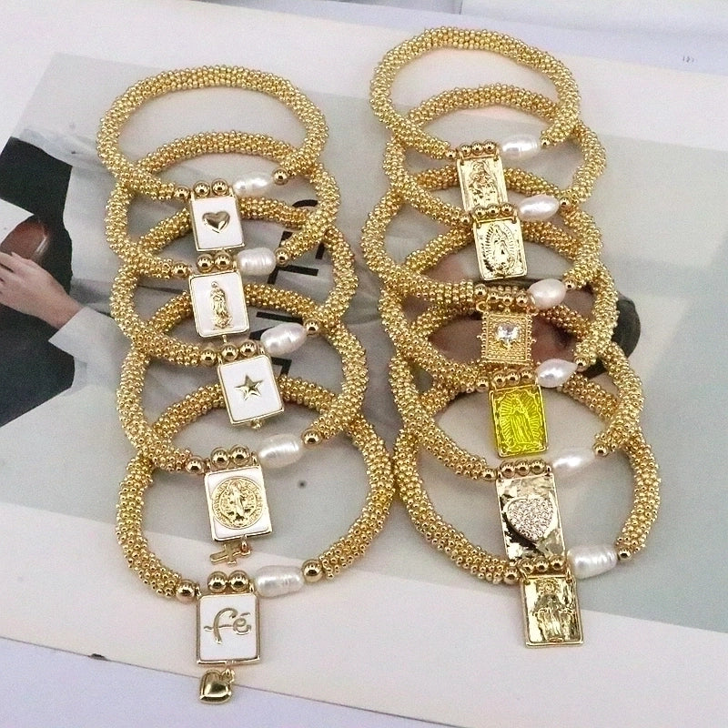 Elegant Vintage Style Luxurious Cross Star Heart Shape Copper 18k Gold Plated Zircon Bracelets In Bulk