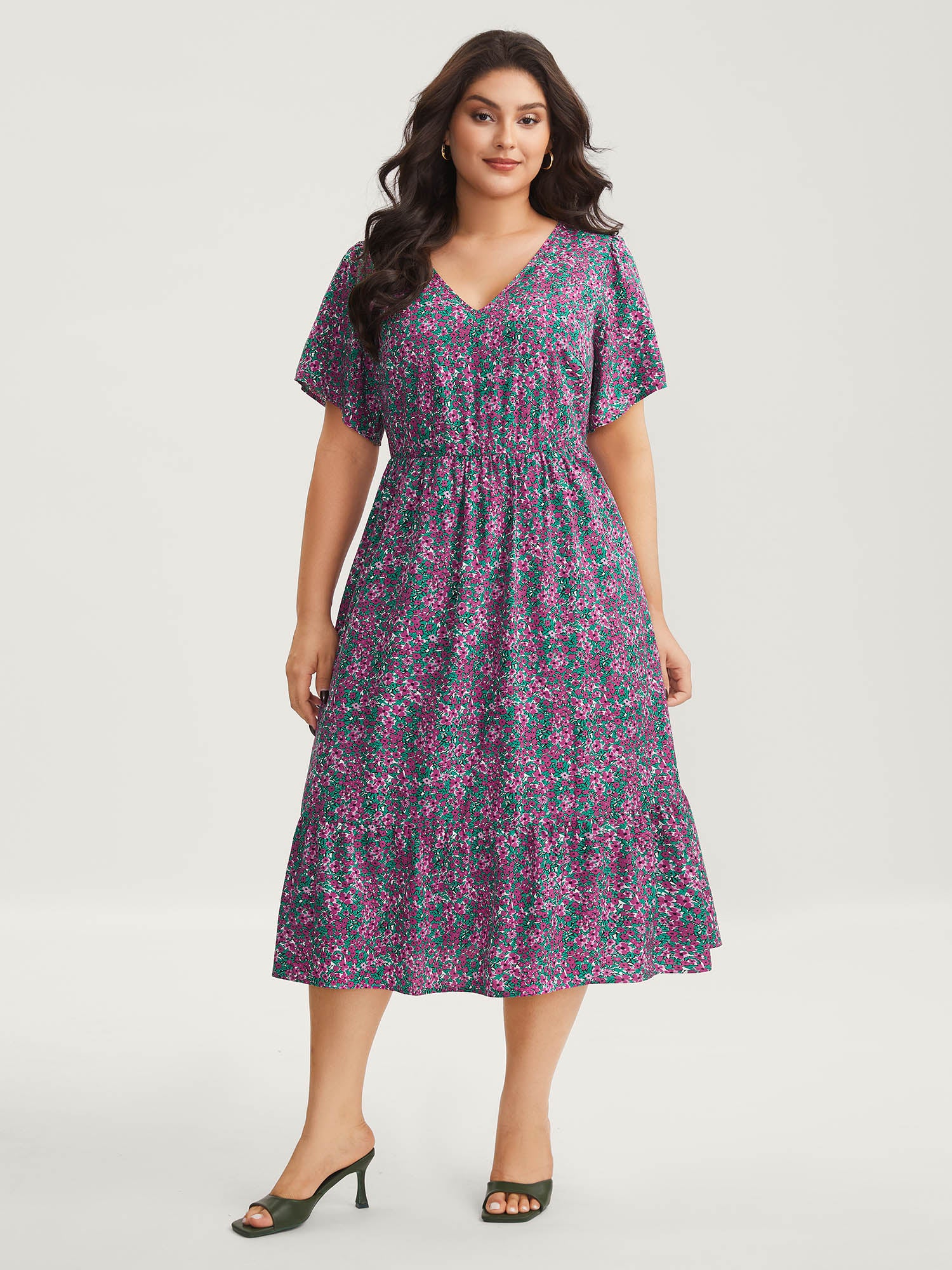 Floral Print V-Neck Tiered Midi Dress