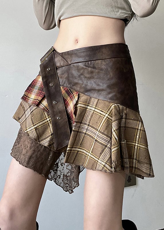 Vintage Brown Asymmetrical Lace Faux Leather Patchwork Skirts Summer