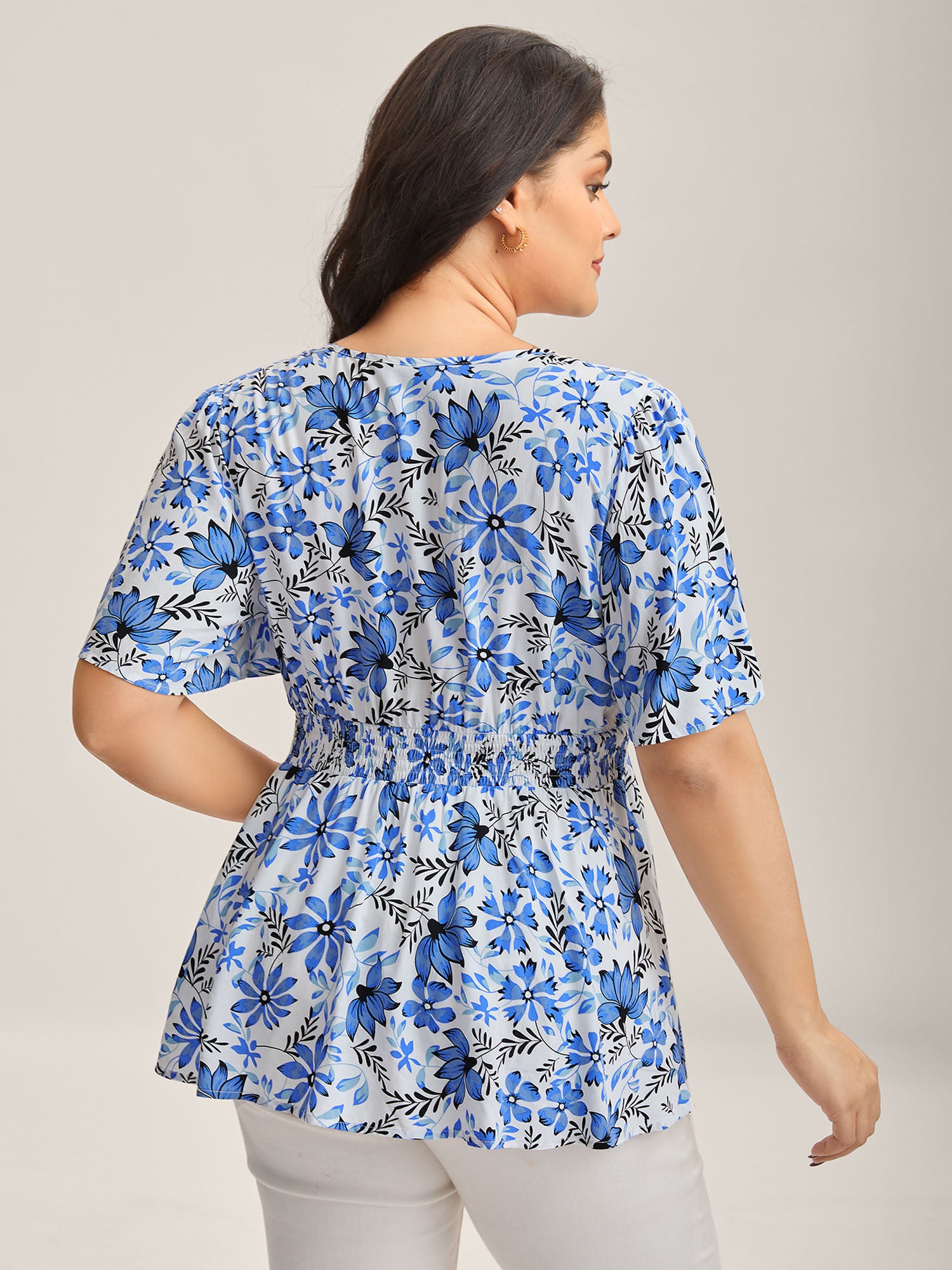 Floral Notched Collar Shirred Waist Blouse