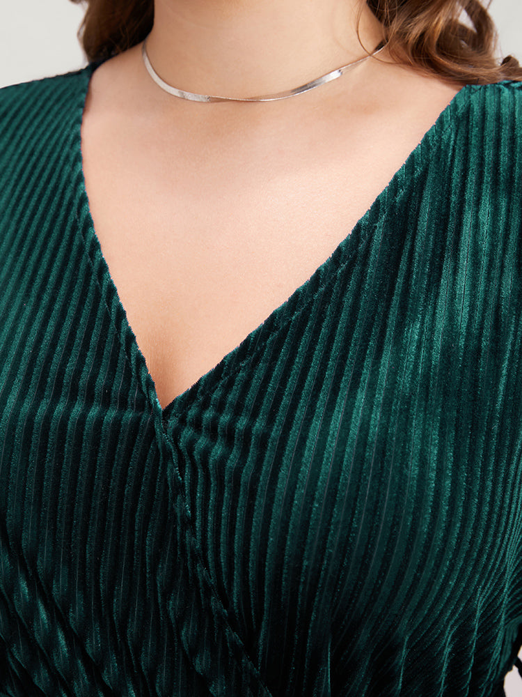 Striped Velvet Pocket Lantern Sleeve Belted Wrap Dress