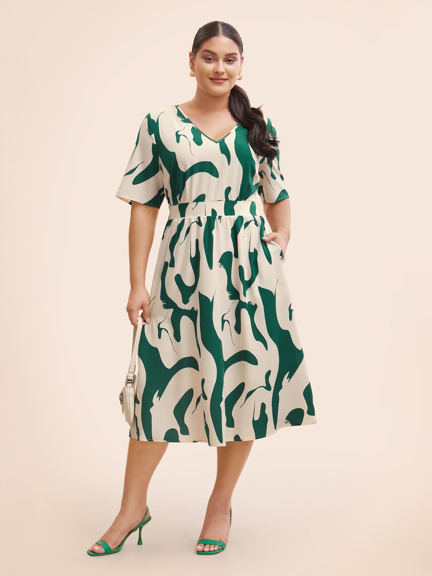 Geometric Print Shirred Gathered Dress