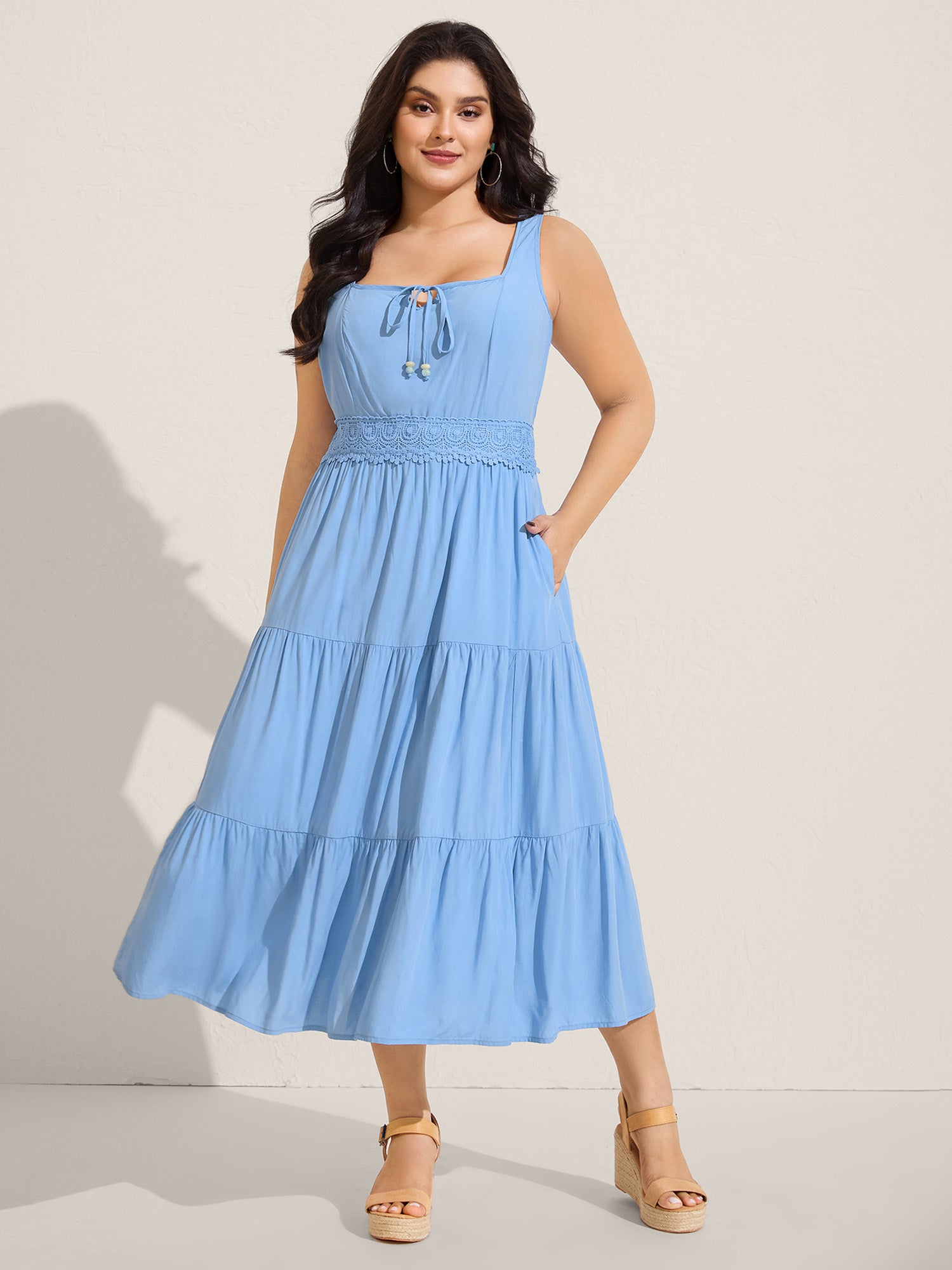 Lace Trim Neck Tie Solid Midi Dress
