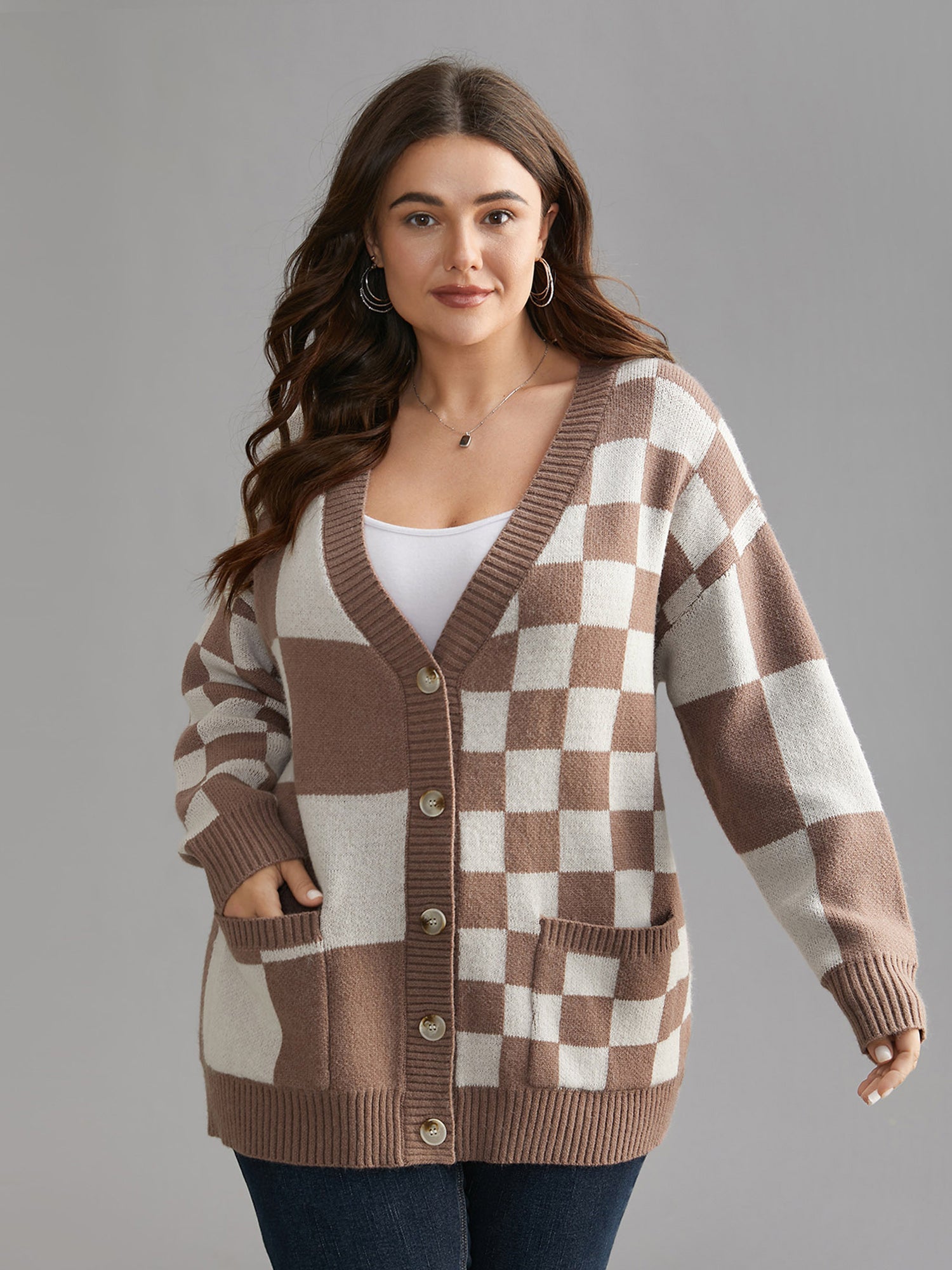 Checkered V-Neck Button Front Knit Cardigan