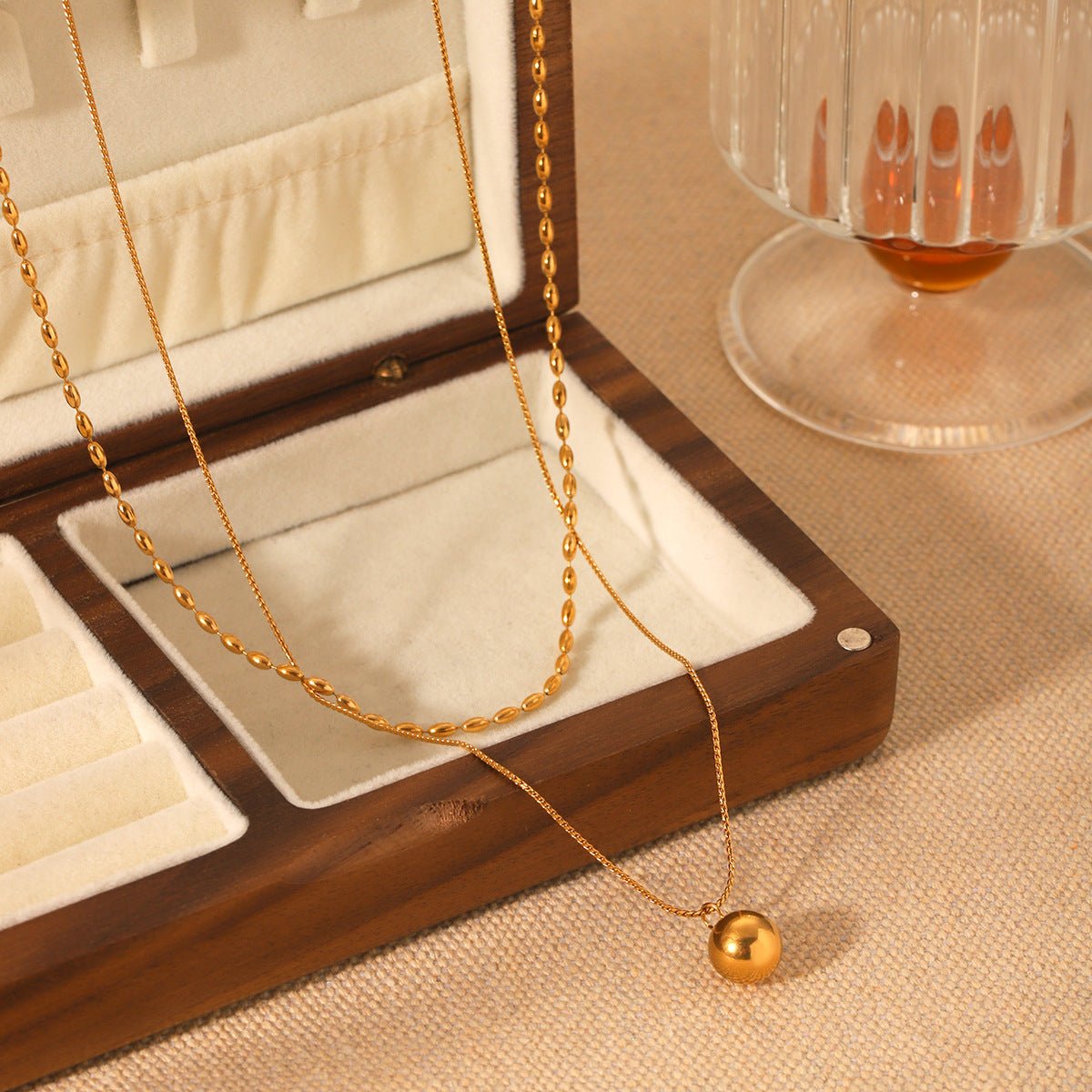 Double-Layer Stainless Steel Necklace Oval Bead Chain Twisted Chain Small Gold Ball Pendant Necklace Titanium Steel Necklace