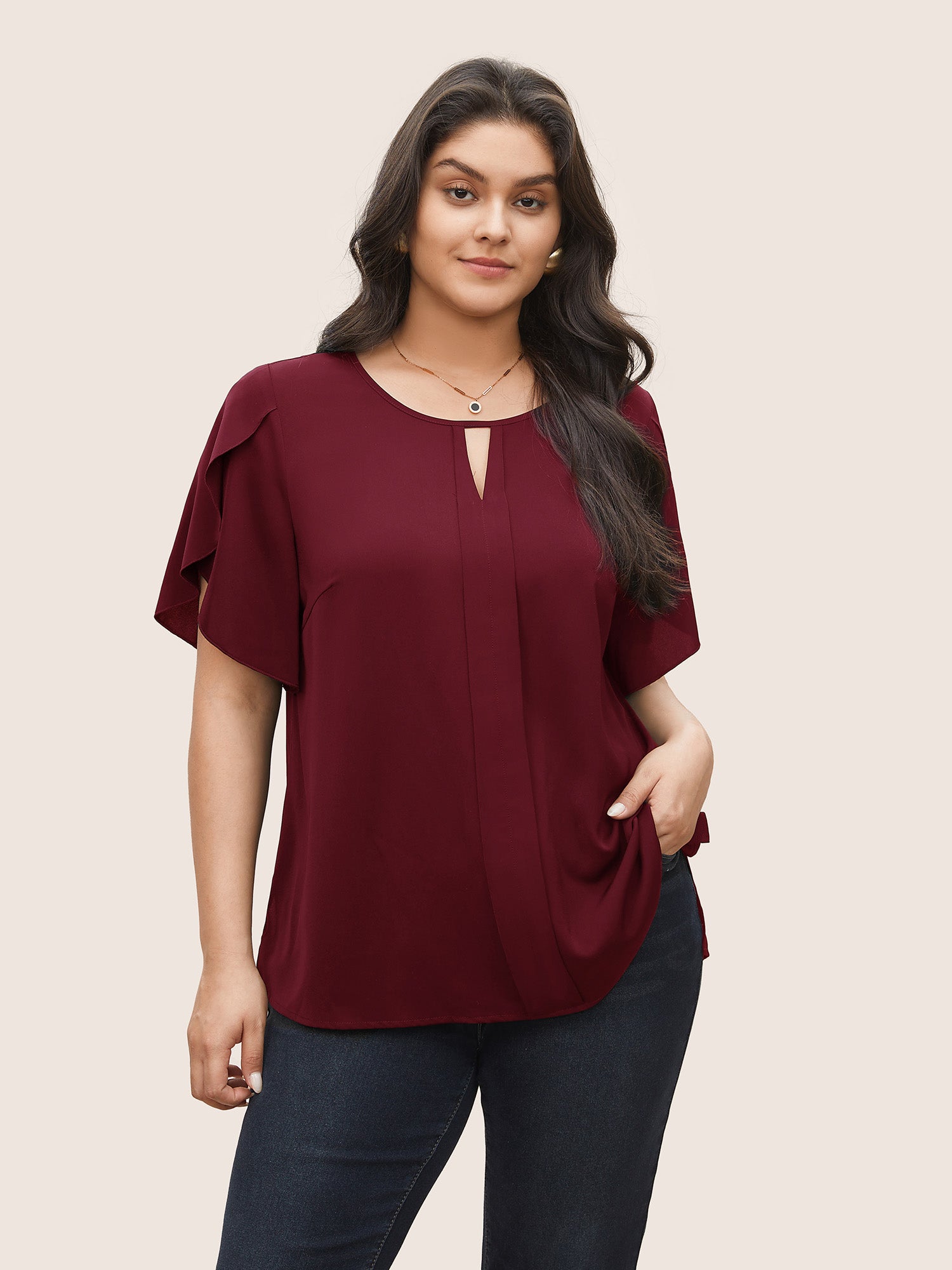 Solid Keyhole Petal Sleeve Pleated Blouse