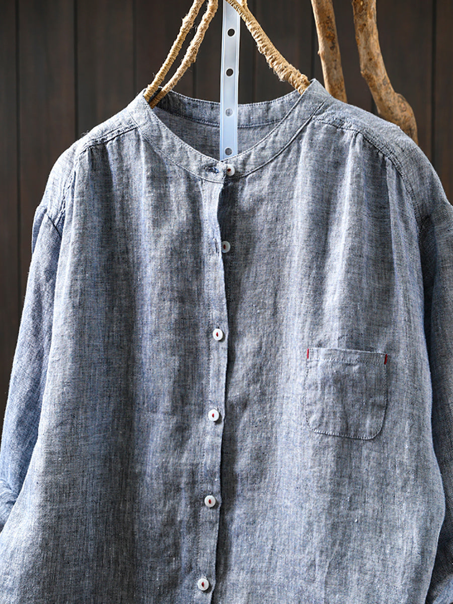 Women Summer Pure Color Stand Collar 100%Linen Shirt