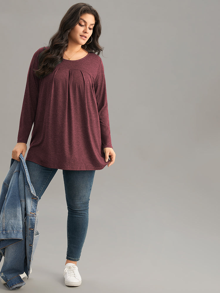Solid Heather Round Neck Plicated Detail T-shirt