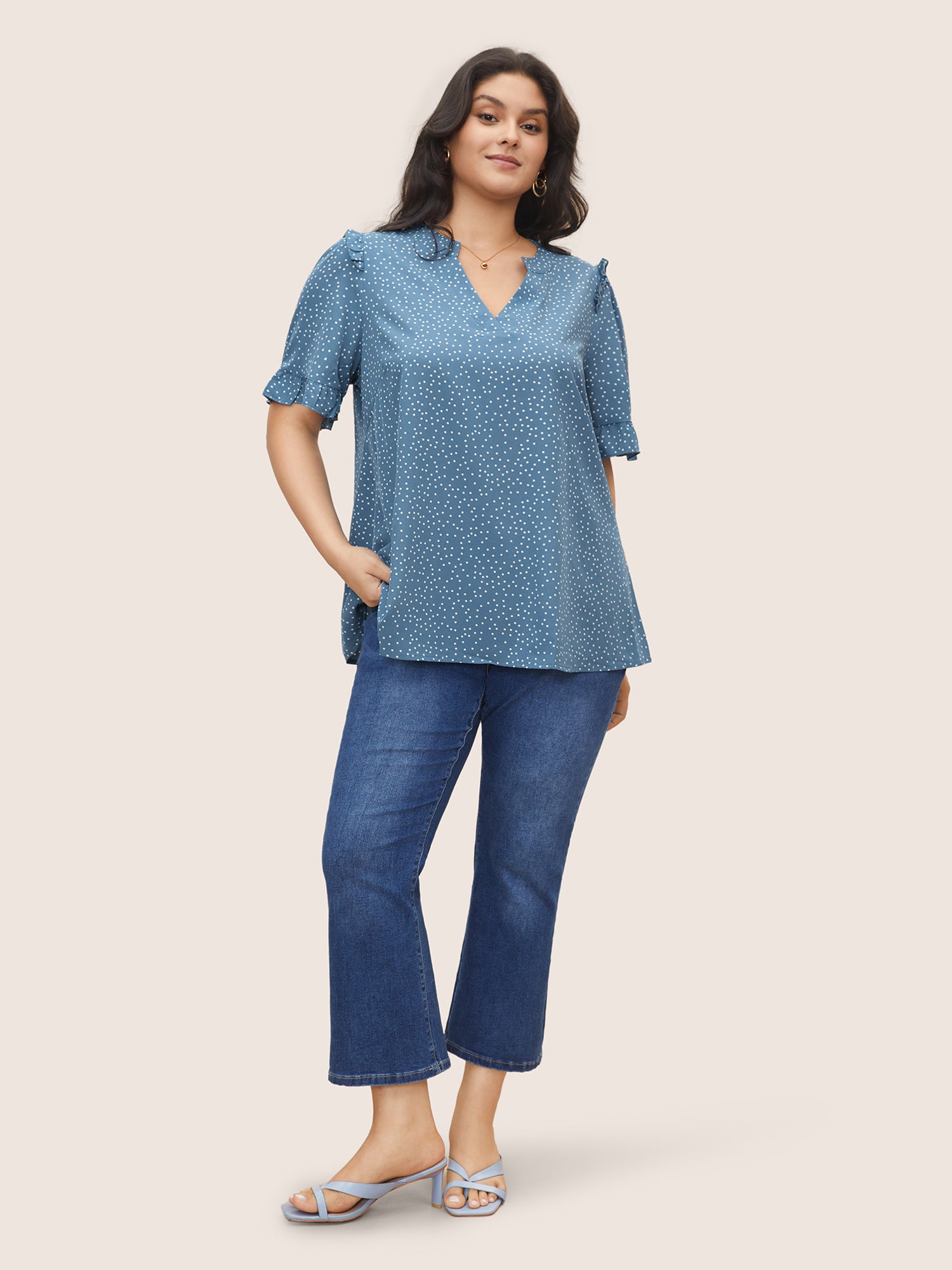 Polka Dot V Neck Ruffle Trim Blouse