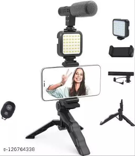 Vlogging Kit for Video Making (Mini Tripod Stand. Mic. LED Light & Phone Holder Clip)