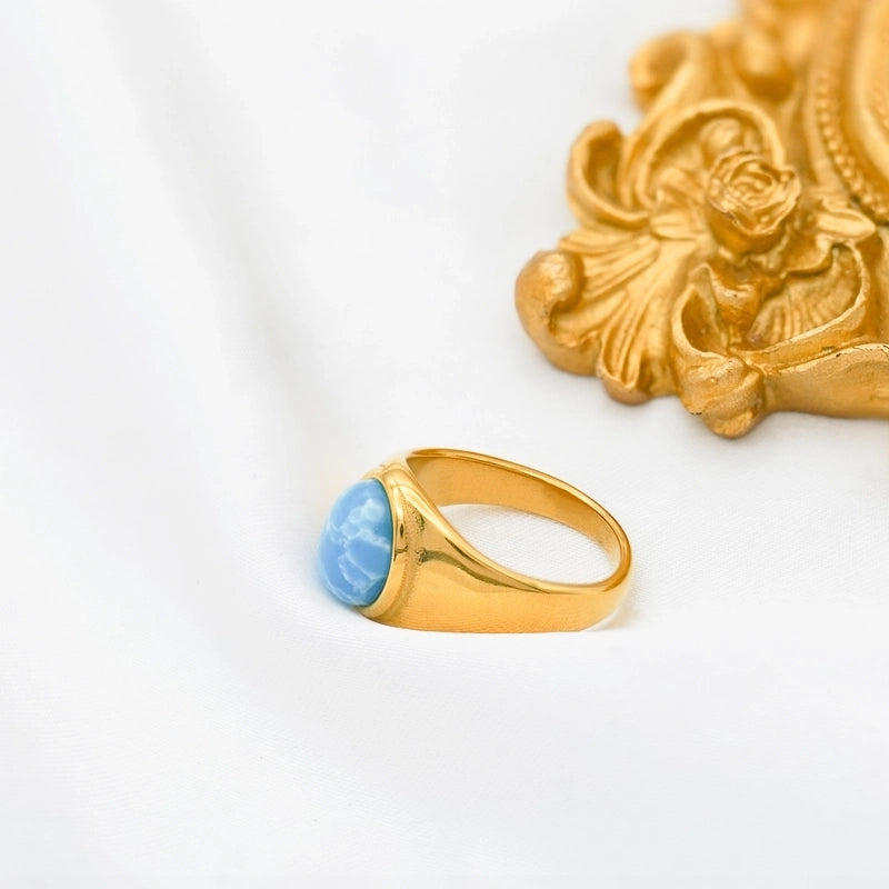 Retro Oval Stainless Steel Plating Inlay Agate 18k Gold Plated Rings