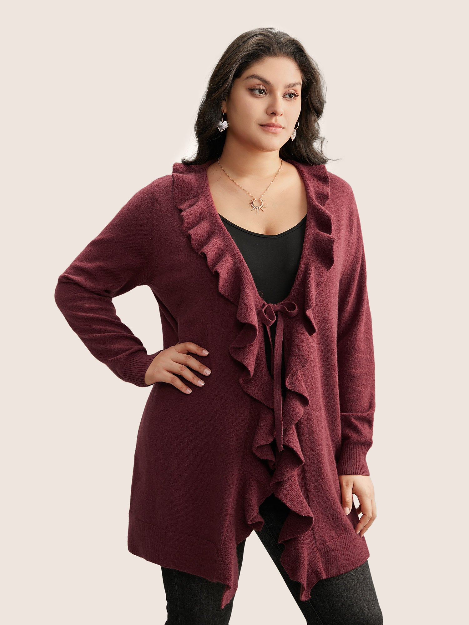 Supersoft Essentials Solid Ruffle Trim Ties Cardigan