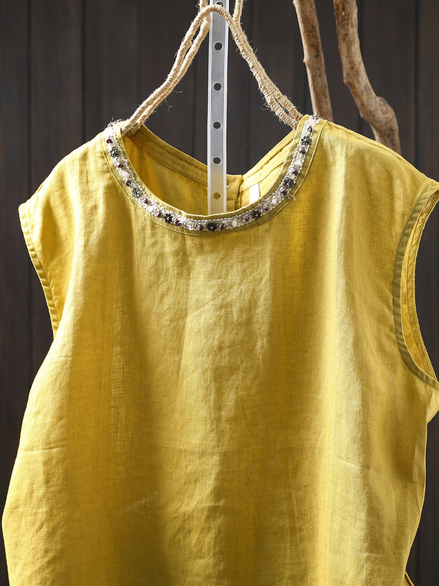 Women Summer Artsy Pure Color 100%Linen Spliced O-Neck Shirt