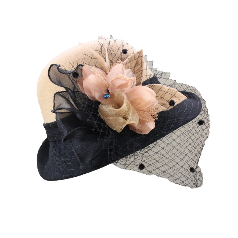Wool Hat Women's Autumn And Winter  Vintage Basin Hat Hepburn Mesh Flower Curled Top Hat