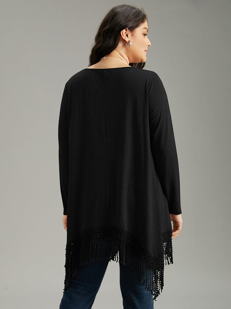 Solid Tassels Trim Pocket Asymmetrical Hem T-shirt