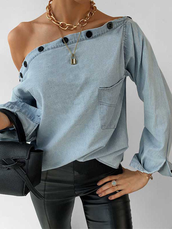 Off-Shoulder Button Denim Shirt