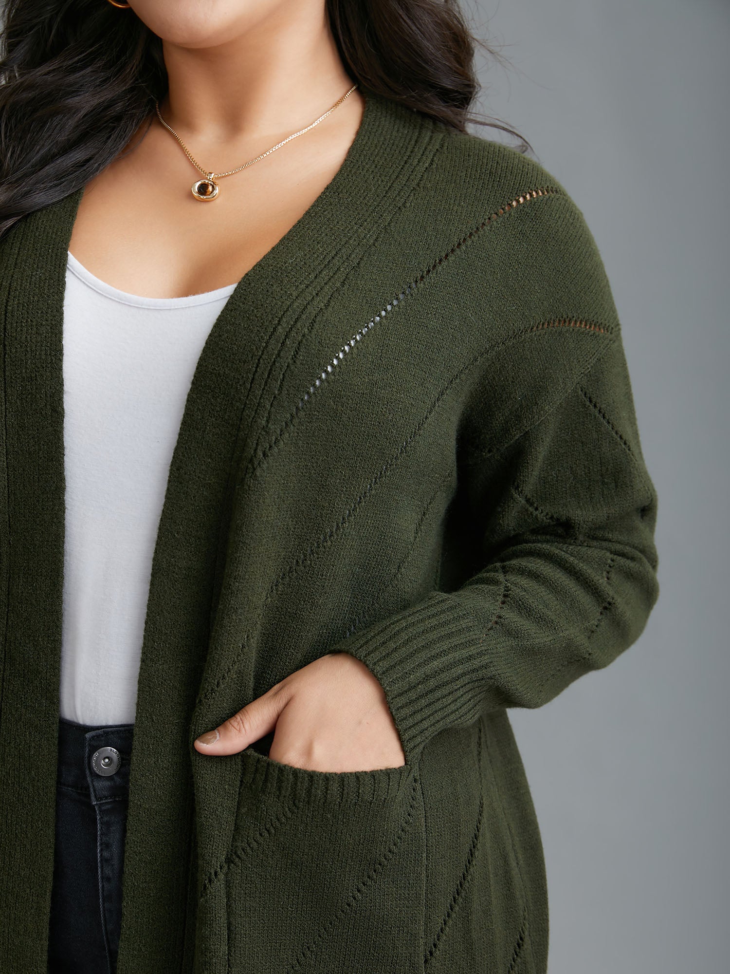 Cable Knit Open-Front Pocket Knit Cardigan