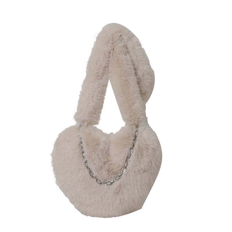Women's Plush Solid Color Cute Heart-shaped Zipper Crossbody Bag
