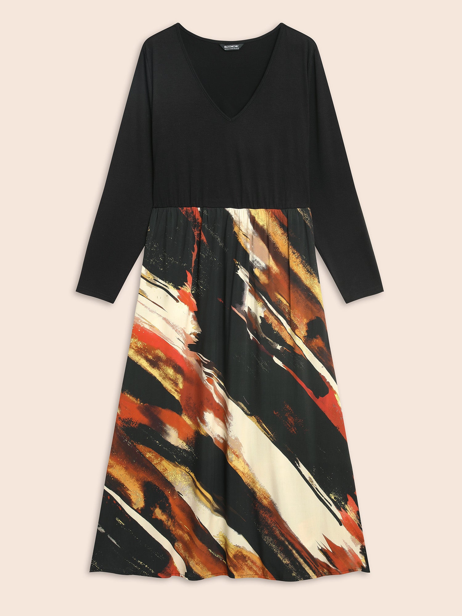 V Neck Brush Print Patchwork Dress