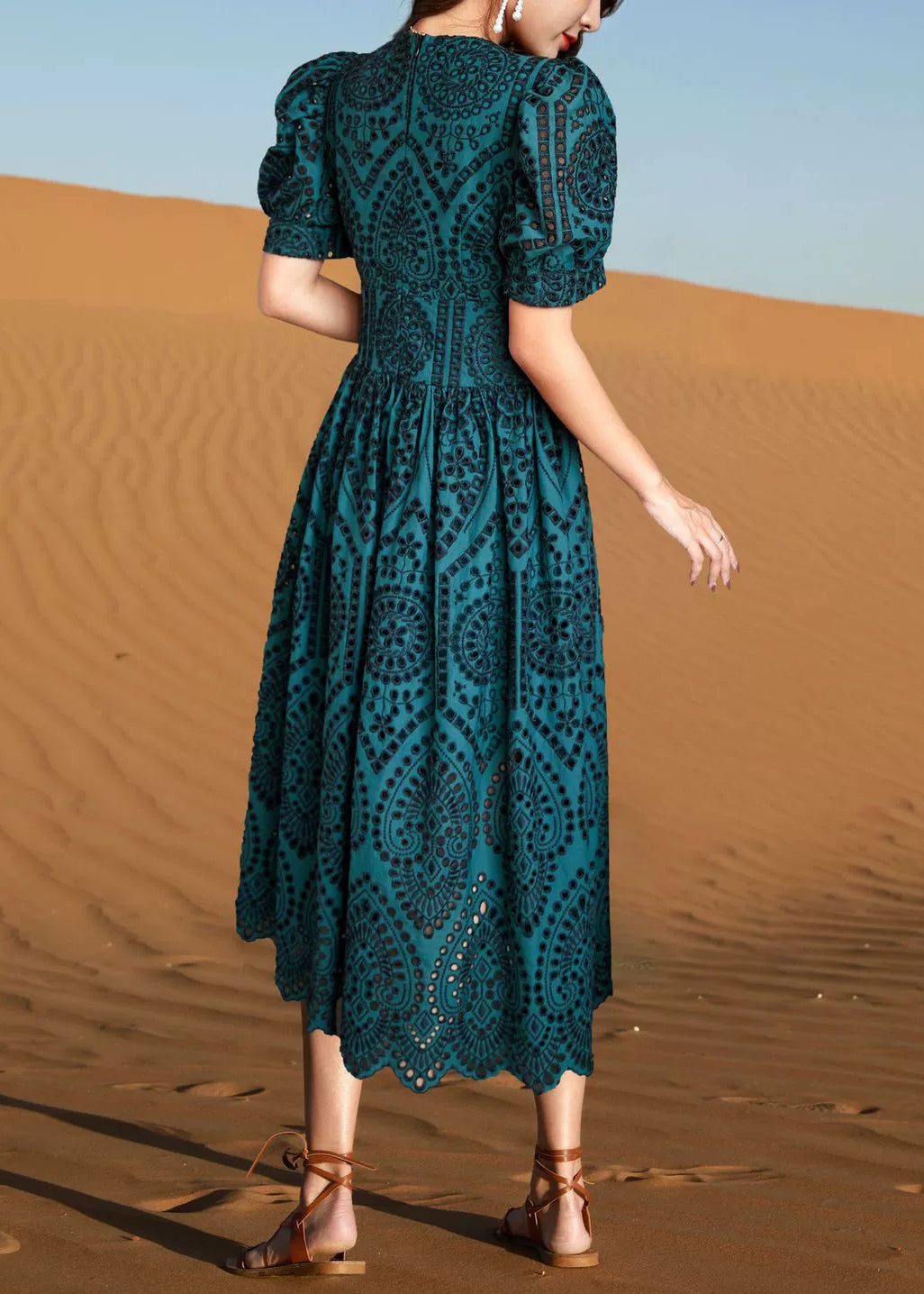 Elegant Blackish Green V Neck Hollow Out Cotton Dresses Summer